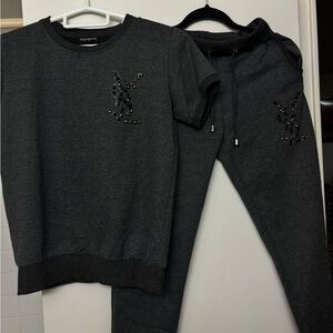 Yves Saint Laurent Charcoal Gray Embellished Sweatshirt & Joggers